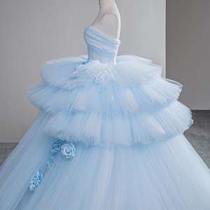 Robe de bal sans bretelles en tulle bleu ciel, style féerique, à volants et à étages, pour Sweet 16 Sfy13 - Product Image 4