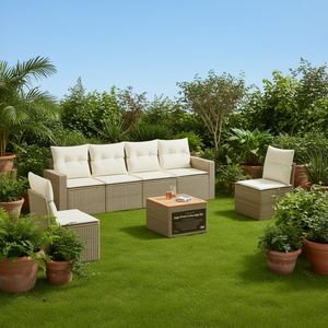 Conjunto de Sofá de Jardín Beige Marrón, Muebles de Ratán para Exteriores, 4 Plazas, Diseño Contemporáneo - Product Image 2