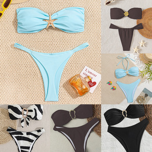 Ensemble bikini deux pièces sans bretelles pour femmes, avec accent métallique, couleur unie, pour la natation et les sports nautiques - Product Image 1