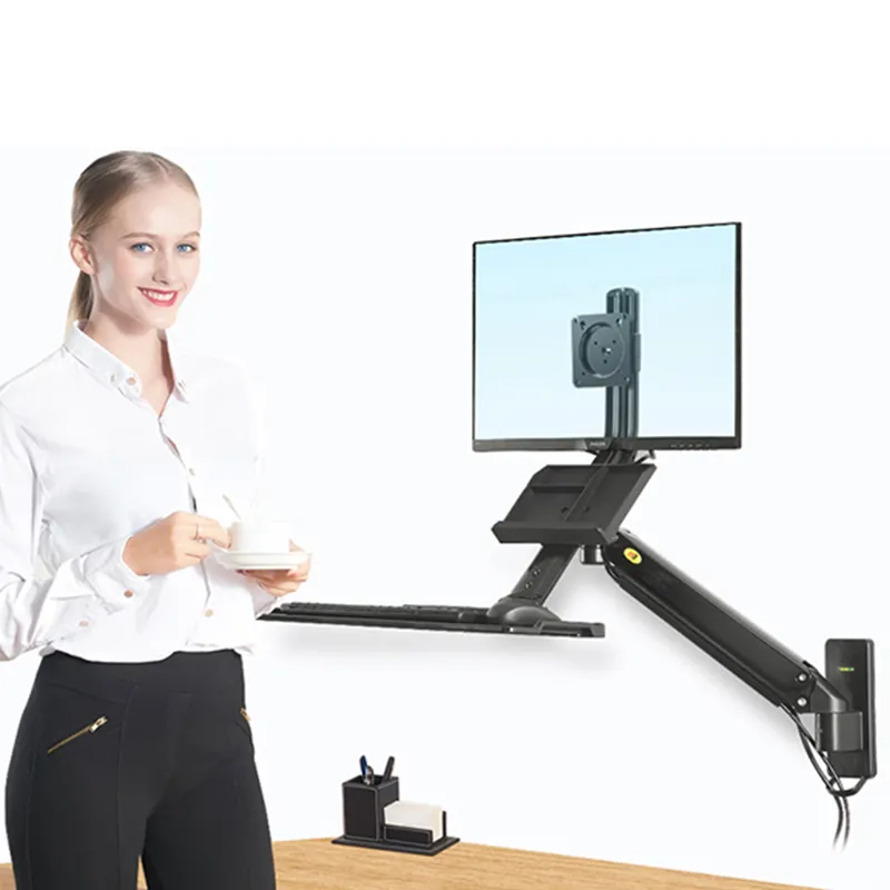 New Gas Spring Arm with keyboard Tray Easy Adjust MB32 Wall Mount Sit Stand Workstation 19-27 inch Monitor Holder