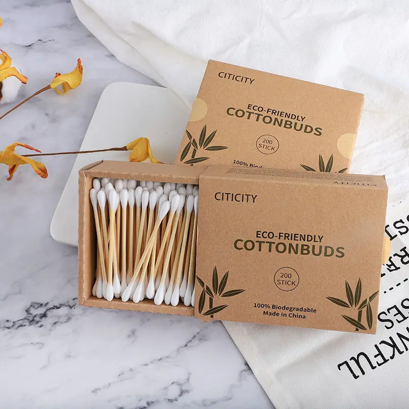 Orelha Limpeza Cotonetes qtips Em Papel Kraft Gaveta Caixas 200pcs Bamboo Stick Cotton Buds em estoque