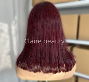 Perruque de dentelle suisse transparente <span class=keywords><strong>vin</strong></span> couleur rouge cuticule droite alignée perruques de cheveux humains européens avec une frange - Product Image 4
