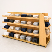 Étagère de présentation gondole double face en MDF bois clair, 4 niveaux, étagères arrière, étagère latérale, base noire, usage commercial