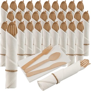 Ensemble de couverts en bambou biodégradable écologique, fourchettes jetables et serviettes pré-roulées pour les voyages, les mariages, les fêtes et les repas - Product Image 1
