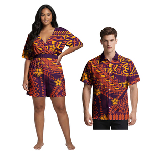Camisas Casuales <span class=keywords><strong>de</strong></span> Estilo Polinesio para Hombre, Camisa Hawaiana para Playa, Romper para Mujer con Diseño Floral Tribal Samoano, Conjuntos a Juego para Parejas - Product Image 4