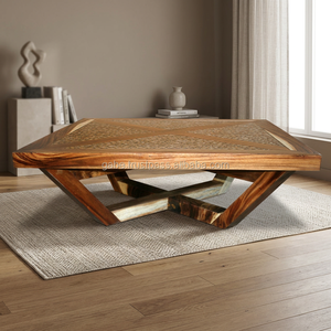 Mesa de centro cuadrada moderna con incrustaciones de corte de ramas únicas Muebles de sala de estar de madera maciza - Product Image 3
