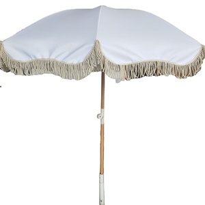 Parasol de plage 200 cm en nylon et coton blanc 200g avec franges et poteau en bois, avec <span class=keywords><strong>sac</strong></span> de <span class=keywords><strong>transport</strong></span> et pompons - Product Image 1