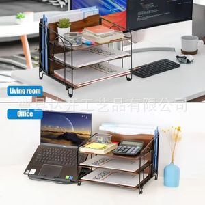 Estante de escritorio de hierro y madera, organizador de documentos de 3 capas, estante para revistas, almacenamiento de oficina con marco de metal y paneles de madera - Product Image 5