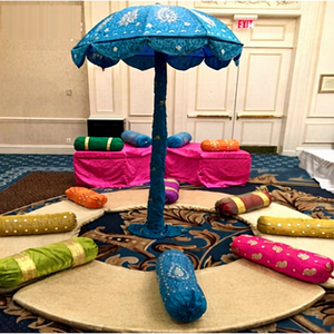 Portable Modern <b>Velvet</b> Mehandi Seating Mattresses with Umbrellas for Indian Wedding and Sangeet Stage - Product Image 1