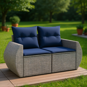 Sofá de Patio de Dos Plazas en Poliratán Gris con Cojines, Sofá de Jardín para Exteriores, Impermeable, Diseño Contemporáneo - Product Image 2