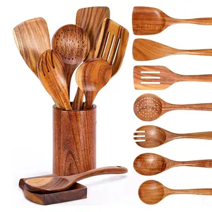 9 Stuks Houten Lepels Koken Houten Keukengerei Non-Stick Lepel Kokende Spatel Houder Teak Houten Keukengerei Set