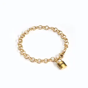 Pulseira de gravura personalizada feminina, bracelete de ouro 6mm com corrente oval, bracelete de cadeado