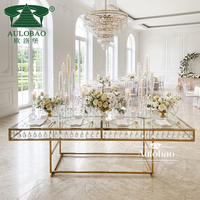 Meubles de banquet haut de gamme professionnels, pendentifs en cristal, tables rectangulaires de mariage avec plateau en verre