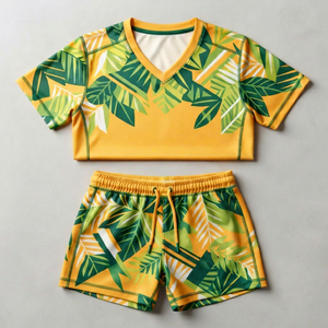 Conjunto de Camiseta de Fútbol con Estampado Tropical Amarillo para Mujer, Cuello en V, Manga Corta, Absorbe la Humedad, Ajuste Atlético, Ropa de Verano - Product Image 1