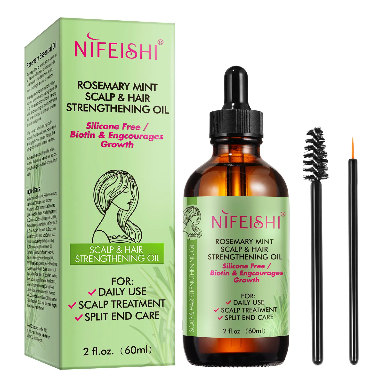 Oem 60ml minyak nutrisi kulit kepala dan pertumbuhan rambut Gel perawatan jumlah besar minyak Mint Rosemary penguat rambut dengan Biotin
