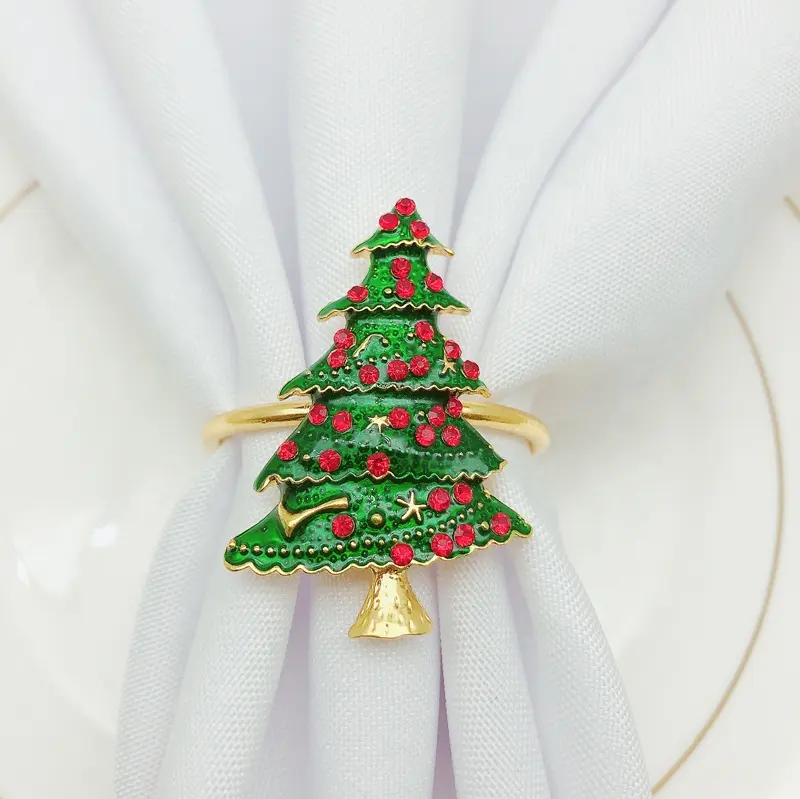 Anel de guardanapo esmaltado de árvore de natal, conjunto em anel de guardanapo com anel de ouro para decoração de mesa