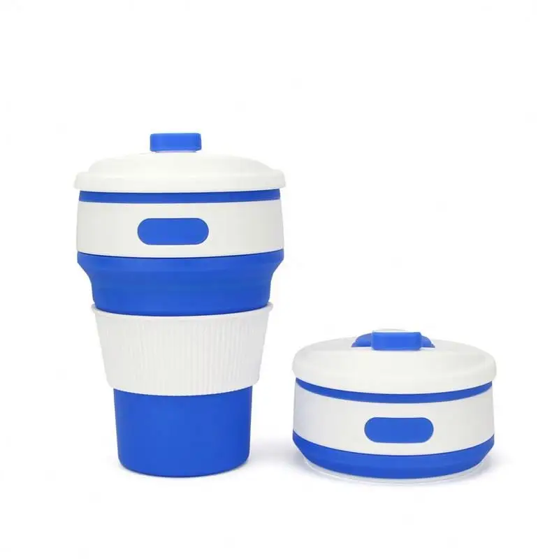 사용자 정의 BPA 무료 고무 식품 학년 접을 수있는 컵 머그잔 도매 블루 재사용 커피 실리콘 접는 컵 머그잔 뚜껑
