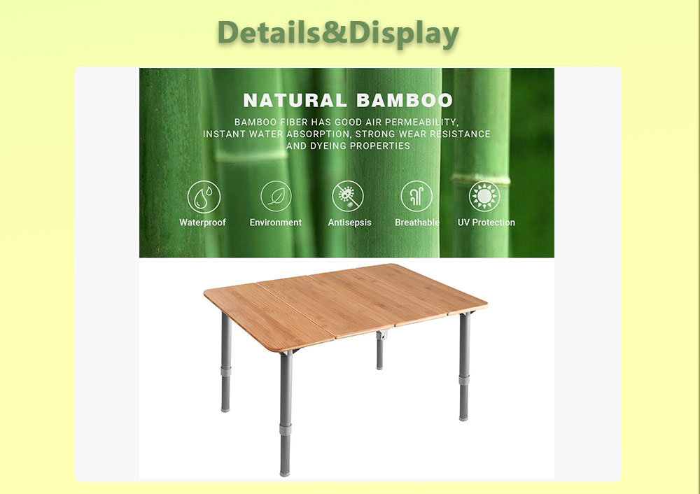 Tavolo Portable Folding Bamboo Table with Adjustable Height Aluminum Legs for Camping Picnic Or Home Furniture Table