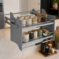 Cesto Elevatório Moderno TKK de Aço para Cozinha com Sistema de Prateleira Deslizante e Base de Madeira/Cesto Elevatório de Parede em Aço para Cozinha