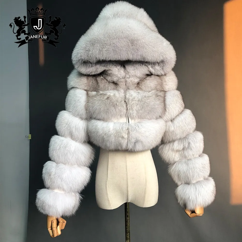 Fashion Design Midriff Short Fur Coat with Long Sleeve Hooded Fox Fur Coat