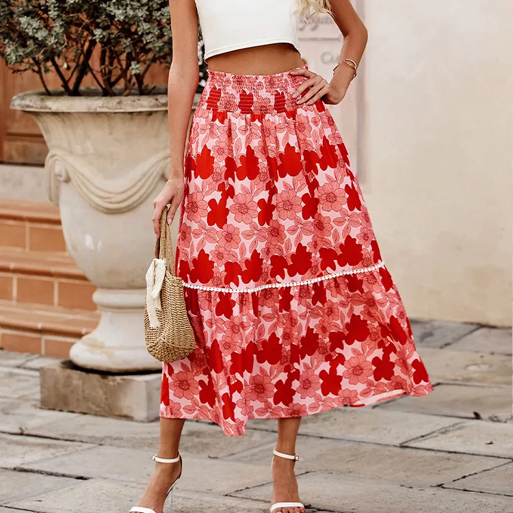 Custom Summer Skirk retro Vintage Printed Chiffon A-Link Pleated Skirks For Women Bohemian Waist Casual Holiday Beach Midi Skirt