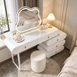 Ensemble de coiffeuse moderne blanc avec miroir LED et tabouret rayé pour chambre à coucher - Product Image 6
