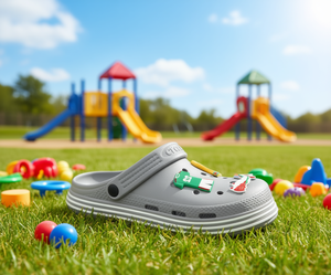 Zoccoli grigi per bambini con spille animate, taglia 18, sandali sportivi estivi, slip-on, punta tonda, suola in EVA, tomaia in plastica - Product Image 2