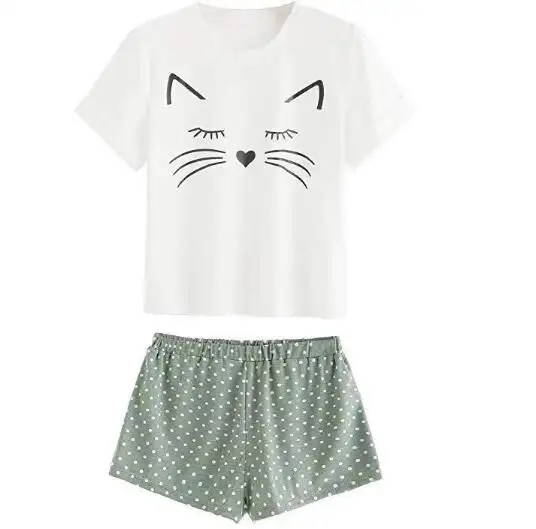 Cartoon Cat Print Pajama Set For Women Short Sleeve Tops Elastic Waist Shorts Nightwear Female Casual Sleepwear Home Suit