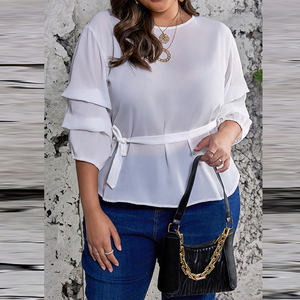 העליון שרוול שלושה רבעי מוצק אלגנט לנשים עם עלים עגולים חצי-גובי בתוספת גודל חגורת החולצה גודל קישוט הדפסה אלגנטי - Product Image 5