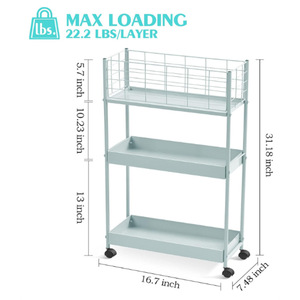 Modern Metal Kitchen <b>Cart</b> Three-Layer Storage Trolley with Wire Baskets and Wooden Top for Food Organization - Product Image 5