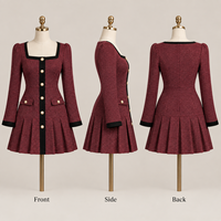 Robe Courte Formelle en Tweed pour Femme avec Bordure Contrastante, Boutons Décoratifs, Col Carré et Manches Longues, Jupe Plissée – Vente en Gros