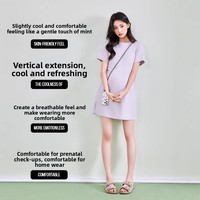 Robe de maternité en coton uni à col ras du cou et manches courtes pour femme, nouvelle collection Printemps/Été 2026, mi-longue, moulante, couvrant le ventre, design amincissant