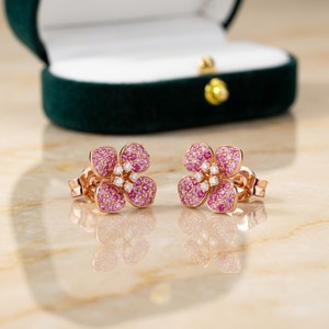 Ensemble de bijoux Xinfly pour enfants en or massif 18 carats avec saphir rose naturel et diamants, pendentif trèfle, boucles d'oreilles, cadeau romantique AU750 - Product Image 2