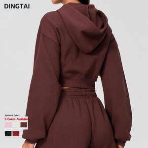 Sweat-shirt à capuche zippé court pour femme, doublé polaire, avec cordon de serrage, en mélange de coton, coupe ajustée, manches longues, pour le sport et la course à pied - Product Image 3