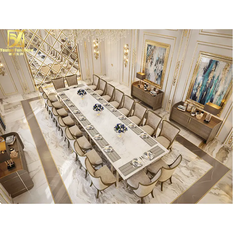 Meubles en acier inoxydable de luxe, table de salle à manger originale pour 16 personnes et 18 places