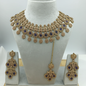 Parure de collier ras-du-cou, boucles d'oreilles et Maang Tikka en cuivre plaqué or vintage avec perles, pour mariée, cadeau de fiançailles, pour mariage et fête, tendance - Product Image 2