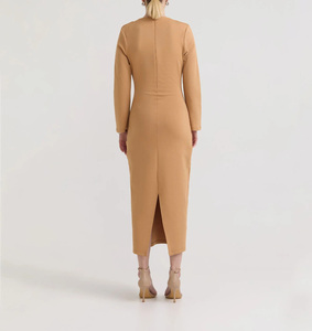 Elegant Camel Cowl Neck Bodycon Midi Dress for Women, Long Sleeve Slim Fit Formal Office Wear - Product Image 5