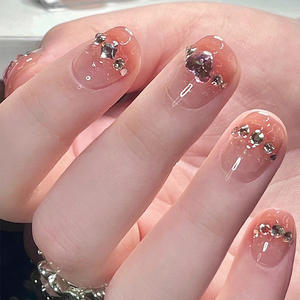 Xiaohongshu, superventas, uñas usables, estilo corto, hielo, transparente, en forma de corazón, puntas de rubor con purpurina, venta al por mayor, uñas terminadas - Product Image 1