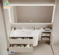 Meubles de salle de bain modernes en bois grainé et cuivre OEM 2025, ensembles de coiffeuse avec miroir, lavabo, robinet, montage mural, céramique, salle à manger