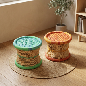New Antique-Colored Bamboo Wood Cane Multifunctional <b>Storage</b> Ottoman <b>Stool</b> Removable Cover Handmade Japanese Design Leather - Product Image 1