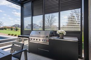 Îlot <span class=keywords><strong>de</strong></span> cuisine extérieur moderne modulaire en acier inoxydable noir personnalisé <span class=keywords><strong>de</strong></span> luxe avec évier, robinet et réfrigérateur - Product Image 3
