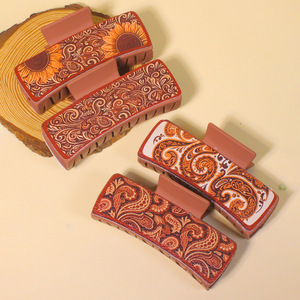 Pinza de Pelo Rectangular de Piel Sintética con Estampado Paisley y Girasol, Pinza de Pelo Retro Boho, Accesorios de Moda para el Cabello - Product Image 1