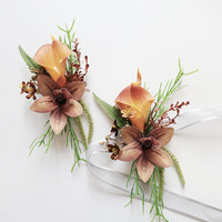 Perlengkapan Pernikahan: Bunga Boutonniere & Corsage untuk Tamu, Bunga Pergelangan Tangan, Warna Kopi, Kain, Calla Buatan