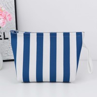 Tas Rajut Bergaris Wanita Retro Motif Kotak-kotak, Tas Penyimpanan Kosmetik Portabel, Tas Makeup Resleting dengan Tali Pergelangan Tangan