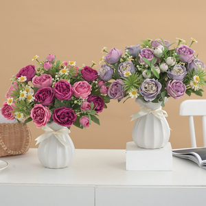 Marché de Yiwu Futian 7 têtes Rose vert feuilles pas cher <span class=keywords><strong>prix</strong></span> soie artificielle style campagnard fleurs intérieur Table mariages nouvel an - Product Image 5