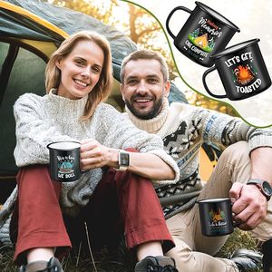 Tasses à café en émail noir personnalisées avec logo personnalisé Gobelets en acier inoxydable avec poignée <span class=keywords><strong>de</strong></span> voyage en camping Dessins traités - Product Image 4