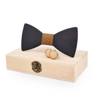 Ensemble de nœuds <span class=keywords><strong>papillon</strong></span> et boutons de manchette <span class=keywords><strong>en</strong></span> <span class=keywords><strong>bois</strong></span> pour homme, noir et simple, peut être utilisé pour les mariages et les fêtes - Product Image 1