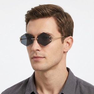 Lunettes de soleil rétro 2026 personnalisées avec logo, sans monture, dégradées, UV400, branches métalliques, verres hexagonaux taillés pour hommes et femmes - Product Image 2