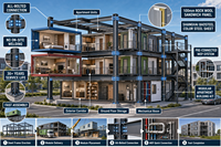 Bâtiment commercial modulaire préfabriqué hybride en conteneurs, exosquelette en acier, design moderne, protection de l'environnement