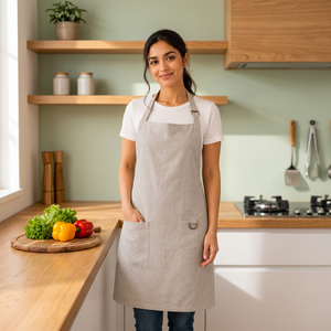 Tablier en lin de qualité supérieure |   Tablier en lin beige naturel avec poche avant et détail anneau en D métallique |   Tablier de cuisine réglable - Product Image 3